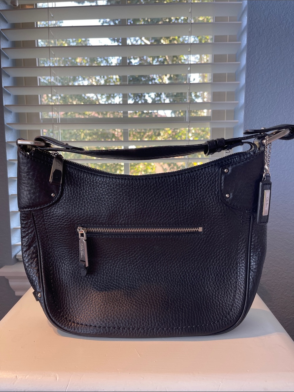 Cole Haan Black Pebbled Leather Shoulder Bag with Silver Hardware